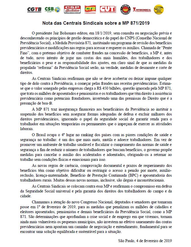 nota mp 871 centrais sindicais
